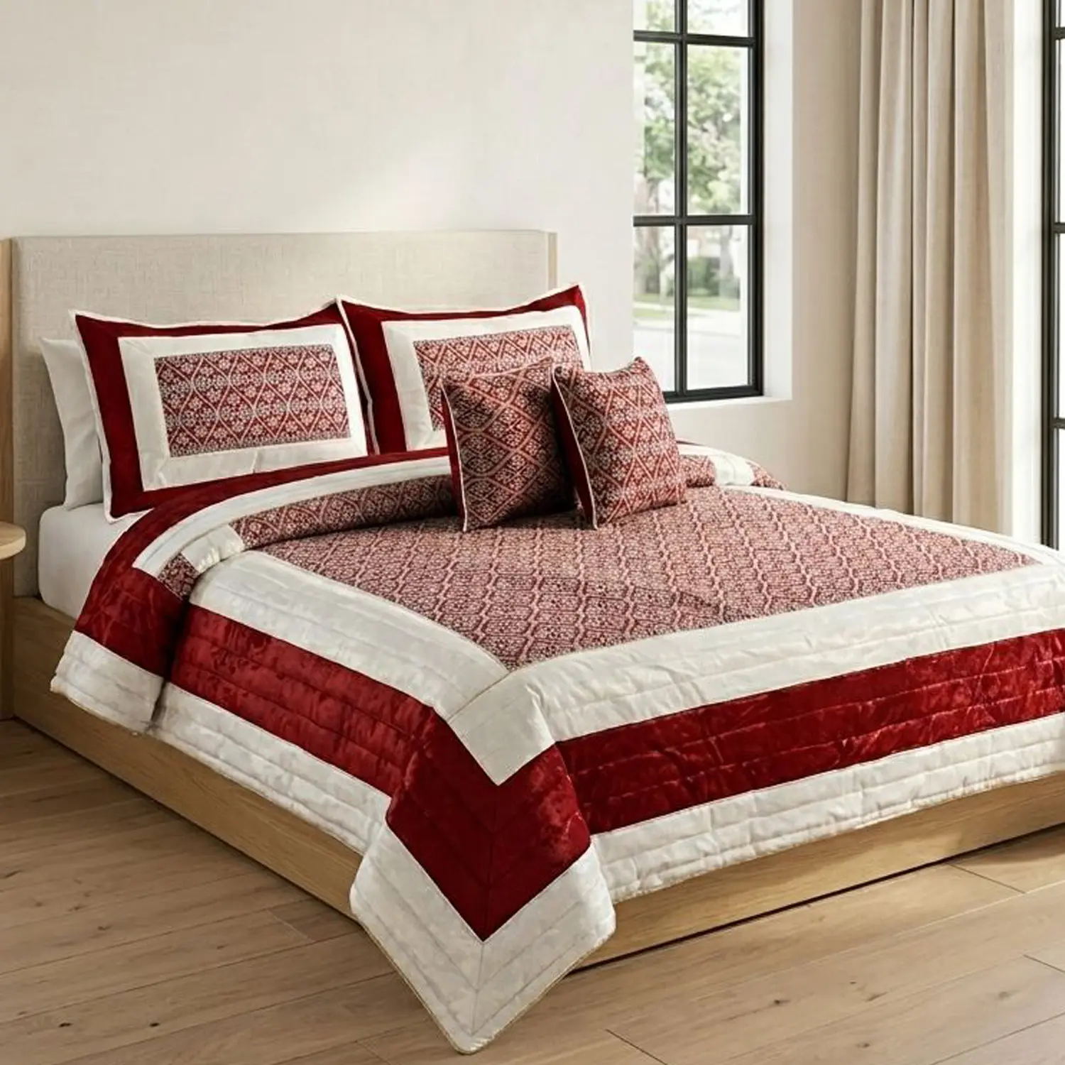 King Size Maroon Quilted Bedcover Set – 5 Piece Luxury Bedding Collection with Pillow Shams & Cushion Covers (King Size...